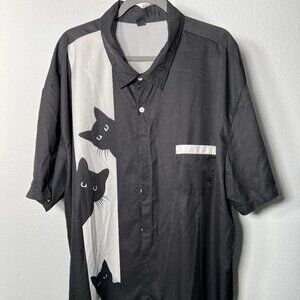 Manfinity Black & White Mischievous Cats Short-Sleeve Button-Up SZ 5XL
